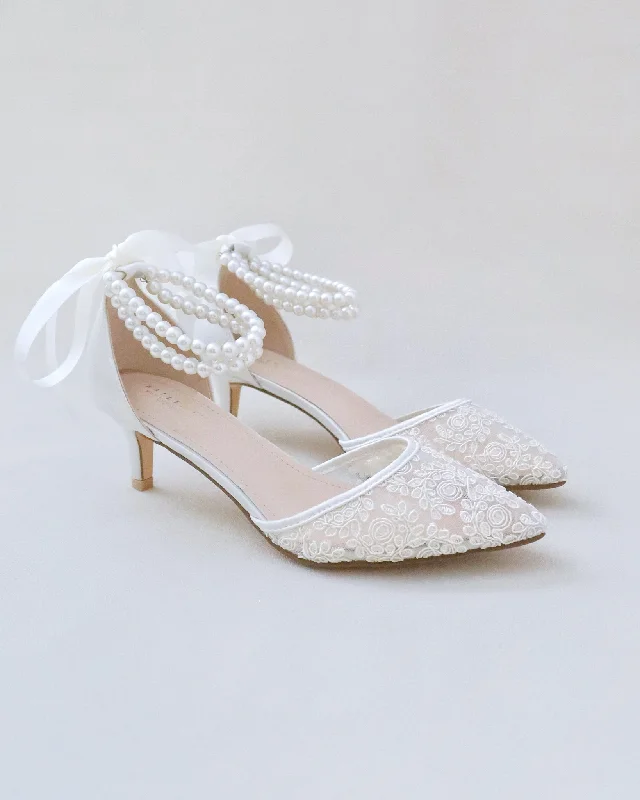 Stylish Lace Pumps for a Chic Look--Crochet Lace Pointy Toe Wedding Low Heels with Double Pearl Strap