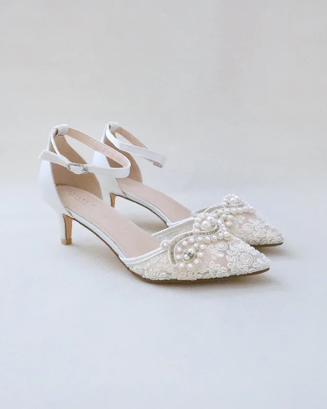 Stylish Lace Pumps for a Chic Look--Crochet Lace Pointy Toe Wedding Low Heels with Small Pearls Applique