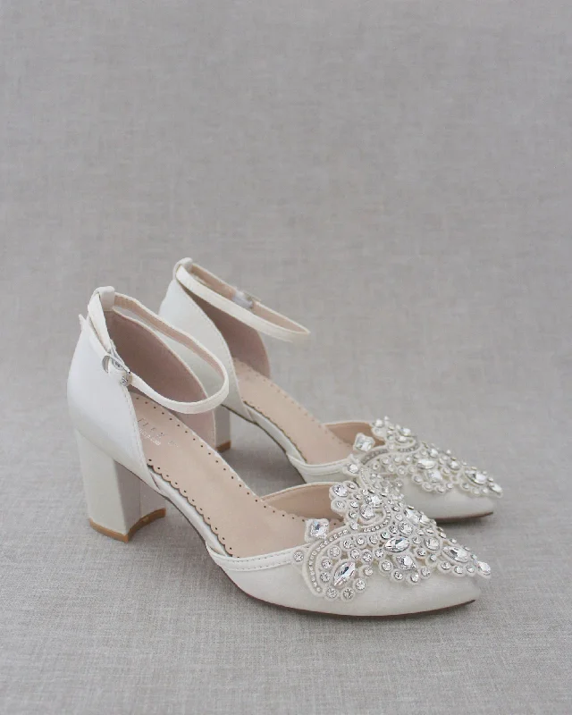 Trendy Chunky Heel Pumps for Casual Wear--Embellished Rhinestones Block Heel for Wedding