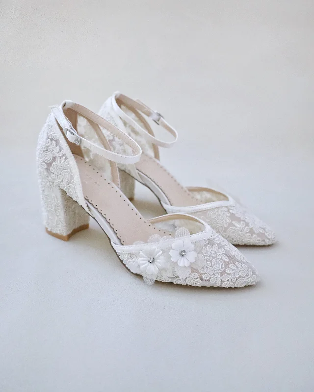 Trendy Chunky Heel Pumps for Casual Wear--Flower Embellished Lace Block Heels Wedding Shoes