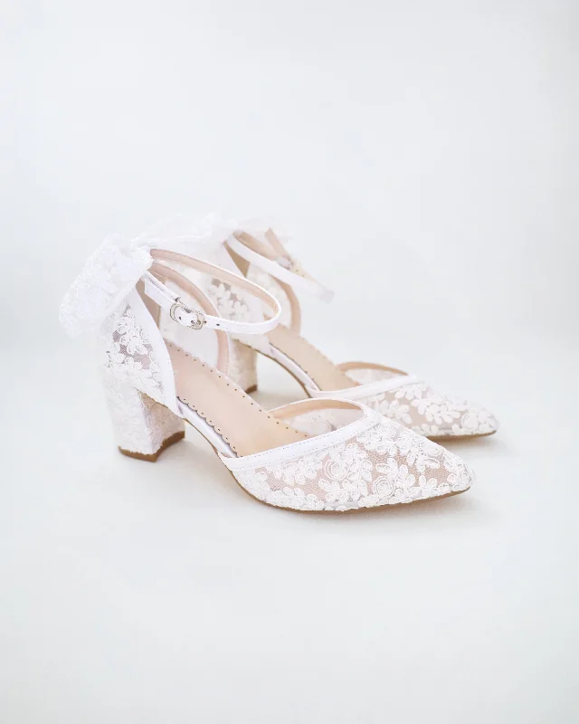 Trendy Chunky Heel Pumps for Casual Wear--Lace Block Heel For Weddings with Back Crochet Bow