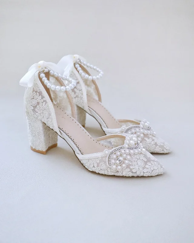 Trendy Chunky Heel Pumps for Casual Wear--Lace Block Heel Pearl Ankle Wrap For Brides