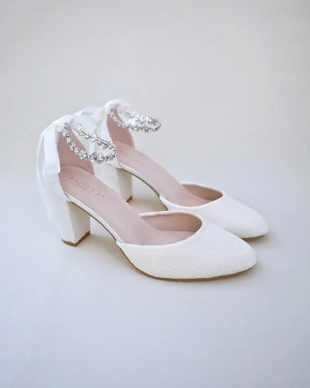 Trendy Chunky Heel Pumps for Casual Wear--Lace Block Heel with Amaryllis Crystal Strap