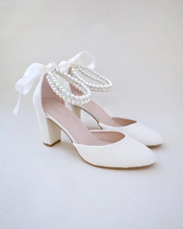 Stylish Ankle Strap Heels for Women--Lace Block Heel with Double Pearls Ankle Strap