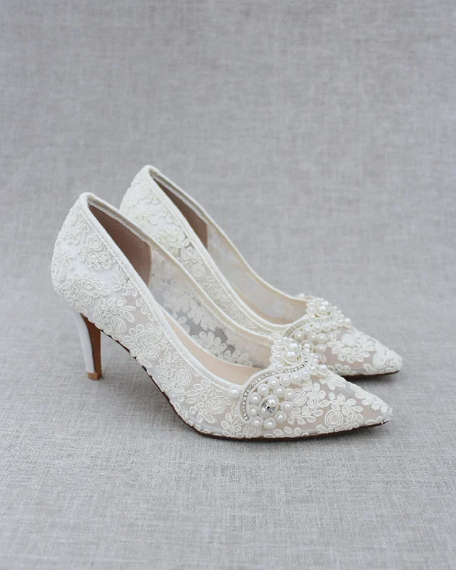 Stylish Lace Pumps for a Chic Look--Lace Wedding Heels with Pearl Detail