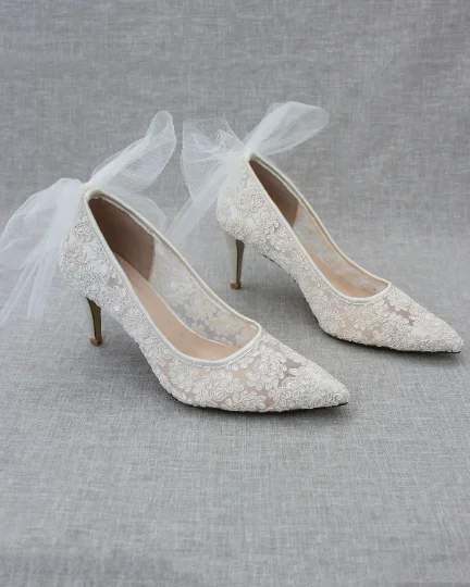 Lace Wedding Shoes with Tulle Back Bow---Charming Bow Pumps for a Cute and Stylish Look