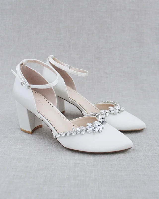 Trendy Chunky Heel Pumps for Casual Wear--Marquise Rhinestone Block Heel Wedding Shoes