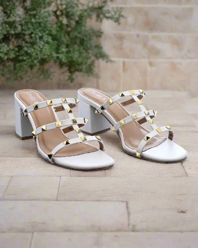 Ivory Rivet Studded Heels for Women---Fashionable Kitten Heels for Date Night