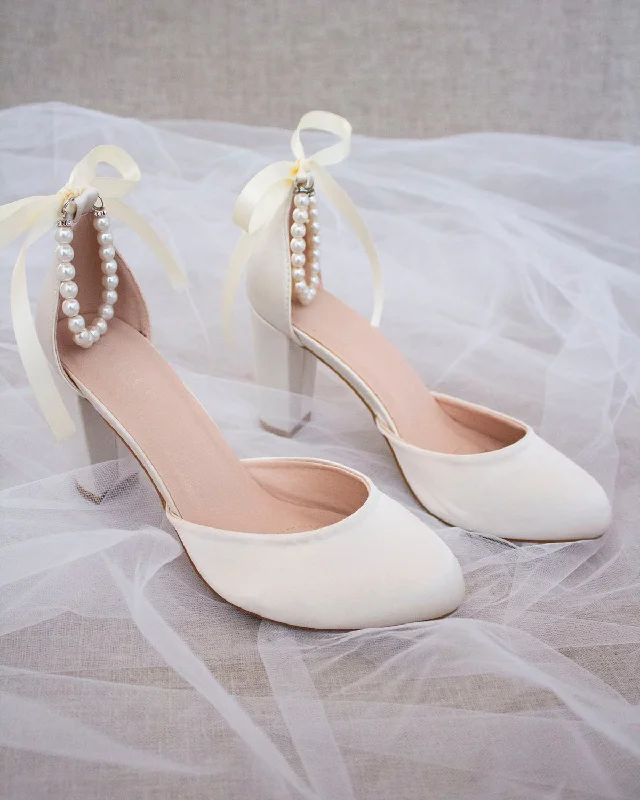 Stylish Ankle Strap Heels for Women--Satin Block Heel with Pearls Ankle Strap