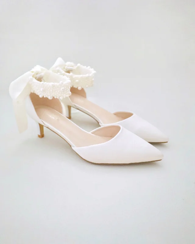 Stylish Ankle Strap Heels for Women--Satin Pointy Toe Low Heels with Perla Ankle Strap