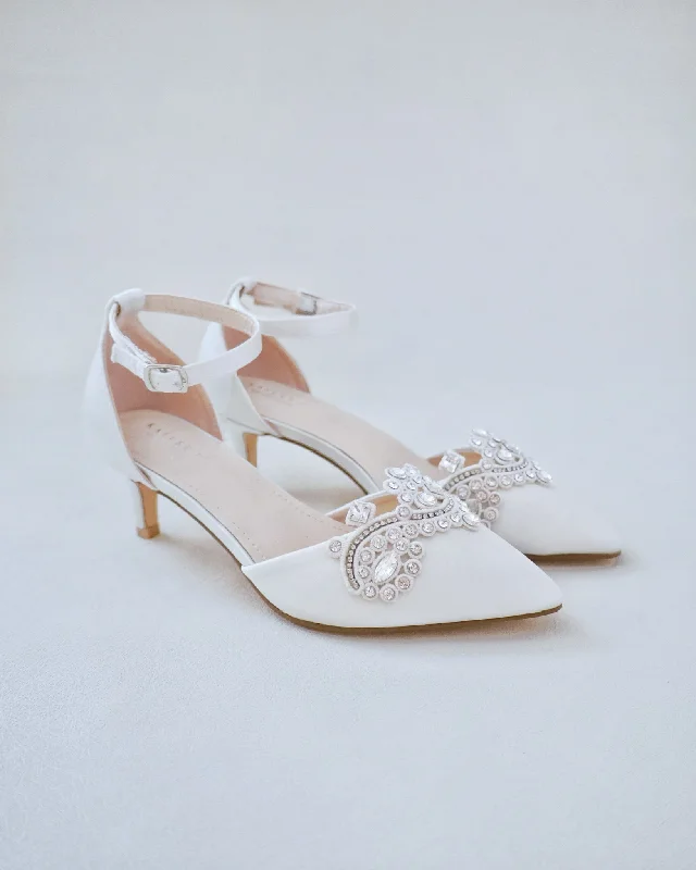 Satin Pointy Toe Low Heels with Rhinestones AppliqueAffordable Satin Heels with a Luxe Touch