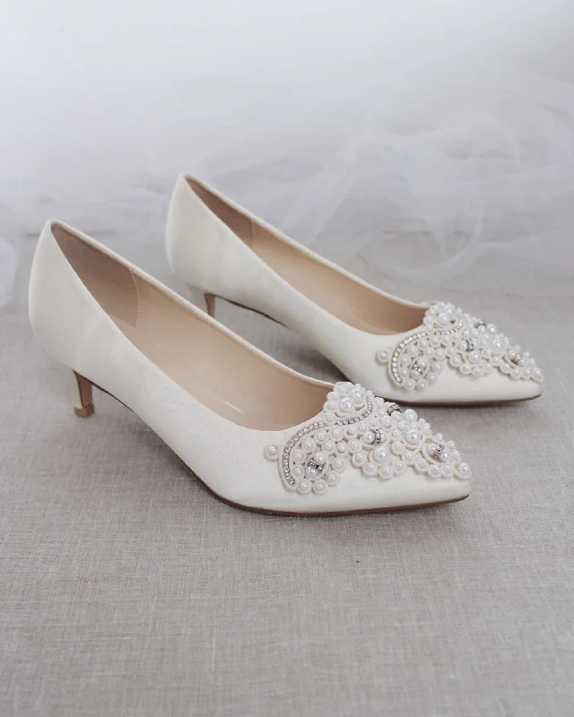 Ivory Satin Pointy Toe Pump Low Heel with Oversized Pearls AppliqueAffordable Satin Heels with a Luxe Touch