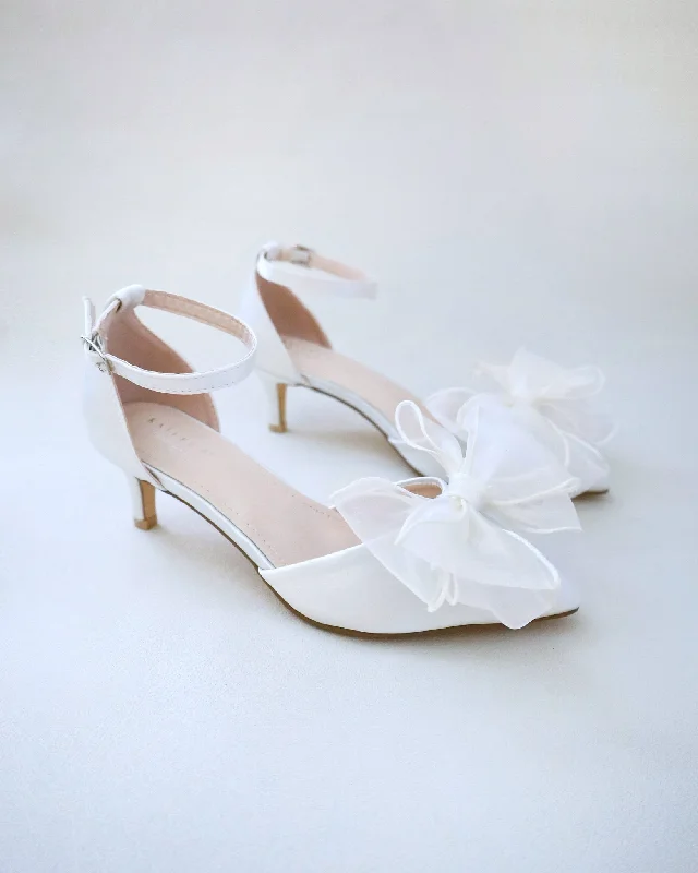 Satin Pointy Toe Wedding Low Heels with Layered Organza BowAffordable Satin Heels with a Luxe Touch