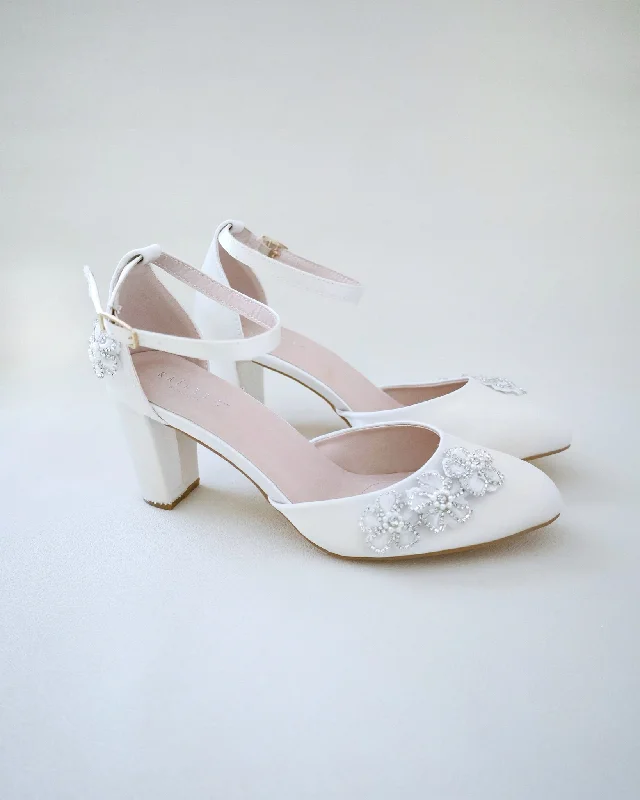 Satin Wedding Block Heel with Rhinestones Chassia FlowerAffordable Satin Heels with a Luxe Touch