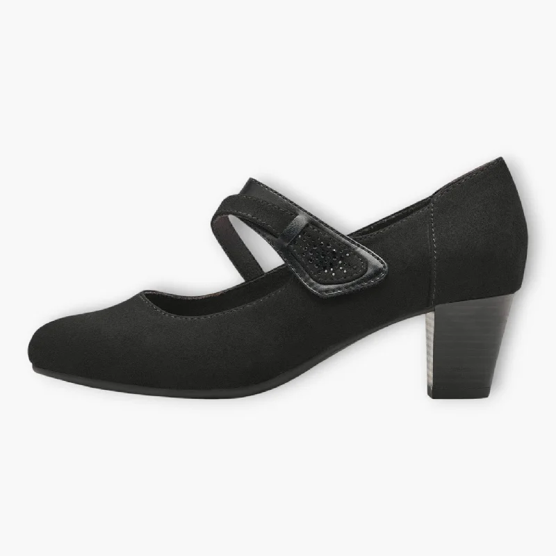 Affordable Suede Ankle Pumps for All-Day Wear--Jana Black Faux Suede Court Shoe with Velcro Strap and Diamante Detail