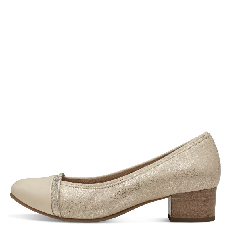 Sleek and Shiny Patent Pump Heels for a Polished Look--Jana Wide Fitting Light Gold Court Shoe with Cream Patent Detail