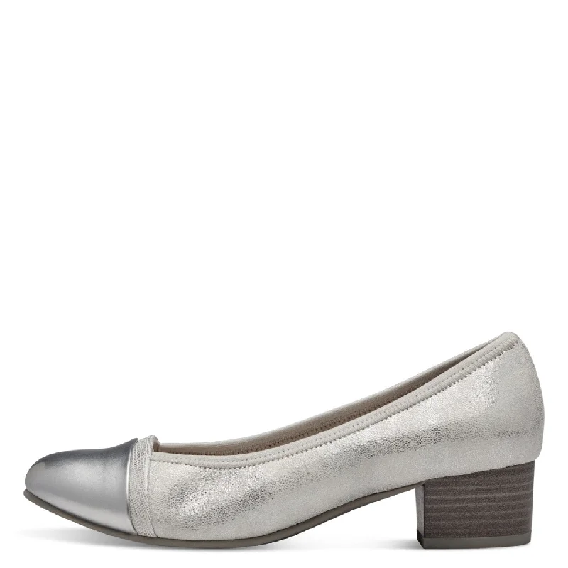 Versatile Heeled Sandals for Any Occasion---Jana Wide Fitting Silver Court Shoe with Bright Silver Detail