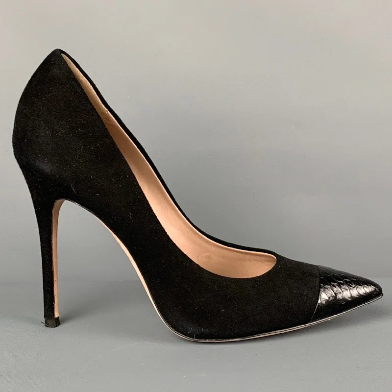 Affordable Suede Ankle Pumps for All-Day Wear--JEAN-MICHEL CAZABAT Size 9 Black Lizard Suede Pointed Toe Pumps