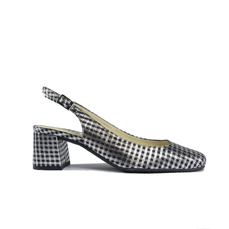 Versatile Heeled Sandals for Any Occasion---'Jeanne' vegan textile slingback heel by Zette Shoes - metallic silver/black gingham