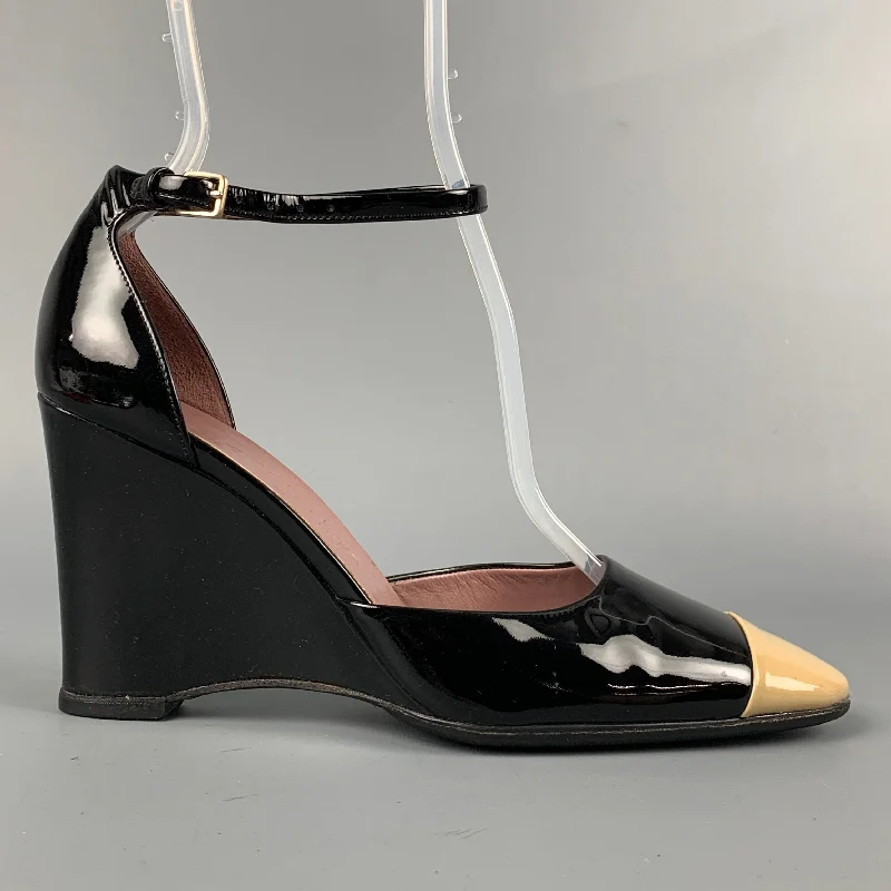 Sleek and Shiny Patent Pump Heels for a Polished Look--JIL SANDER Size 6.5 Black & Nude Color Block Patent Leather Pumps