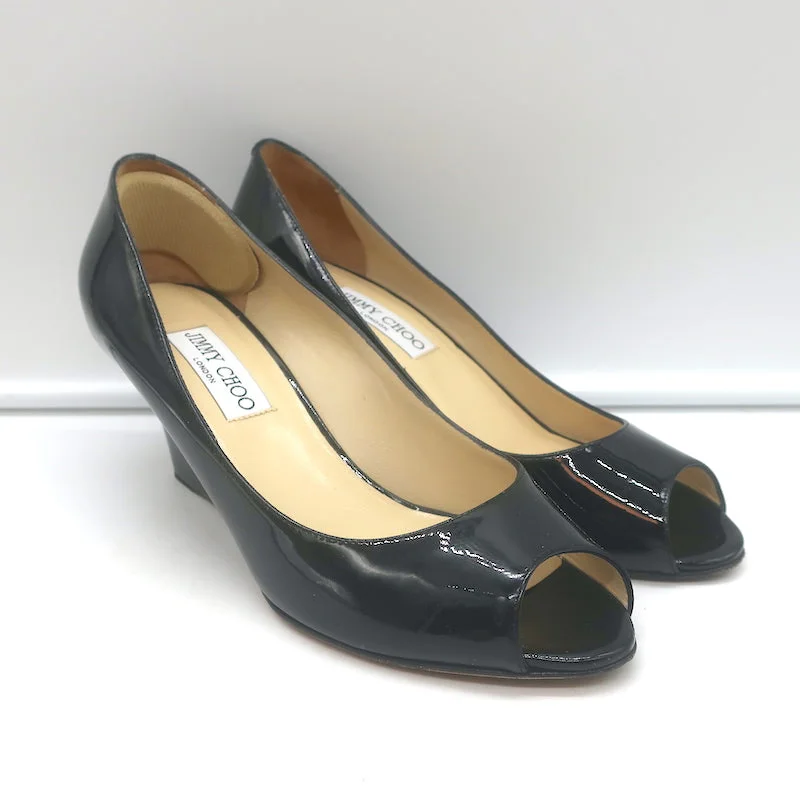 Sleek and Shiny Patent Pump Heels for a Polished Look--Jimmy Choo Baxen Peep Toe Wedge Pumps Black Patent Leather Size 38.5