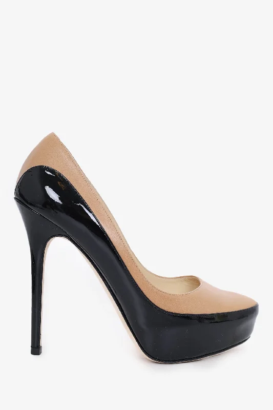 Jimmy Choo Black/Nude Leather Platform Heels Size 38.5---Comfortable Leather Pumps for Office and Everyday Wear