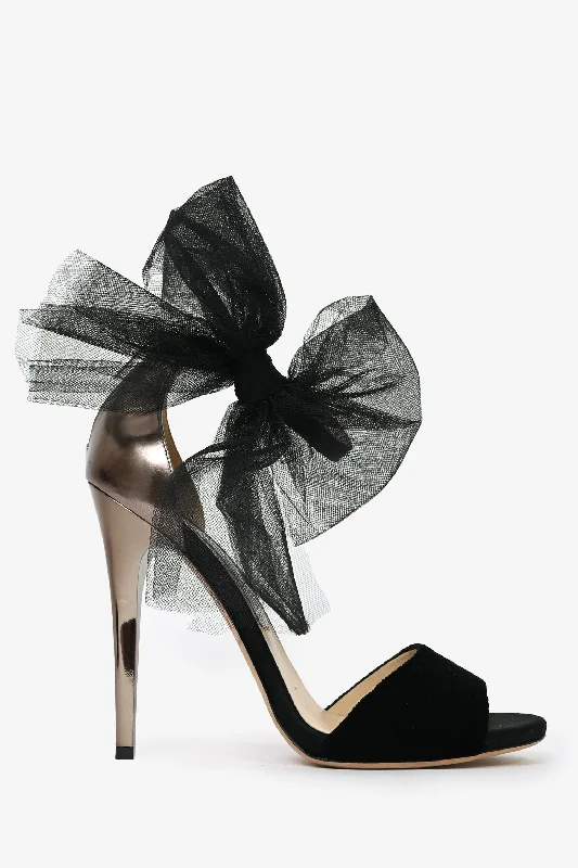 Jimmy Choo Black Velvet Mesh Bow Detailed Heels Size 39.5---Charming Bow Pumps for a Cute and Stylish Look