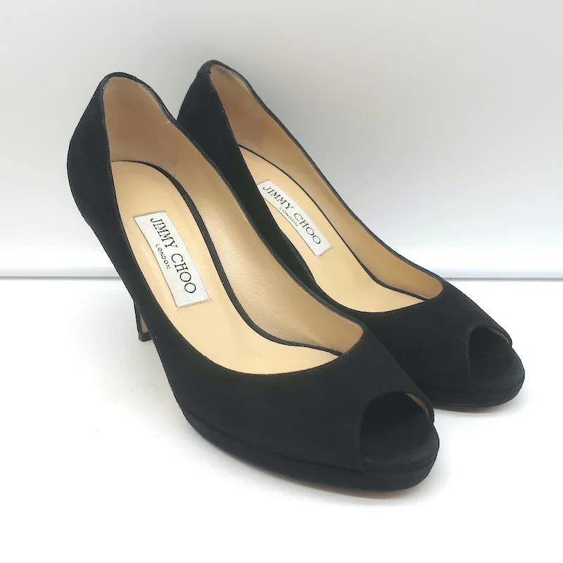 Trendy Peep Toe Platform Heels Crafted from Genuine Leather--Jimmy Choo Peep Toe Platform Pumps Black Suede Size 37