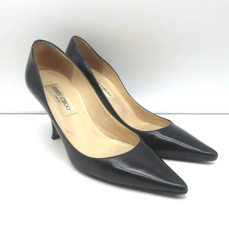 Stiletto Heel Pumps with Perfect Fit--Jimmy Choo Pumps Black Leather Size 37 Pointed Toe Heels-Fashionable & Classic