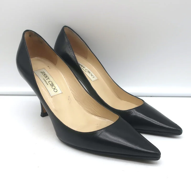 Stiletto Heel Pumps with Perfect Fit--Jimmy Choo Pumps Black Leather Size 37 Pointed Toe Heels-Fashionable & Classic