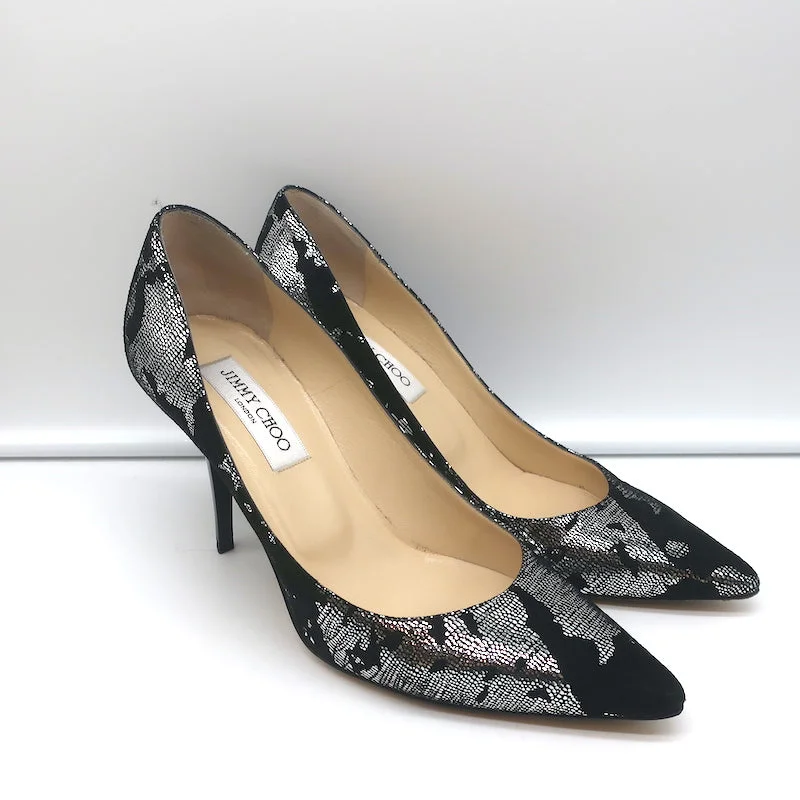 Affordable Suede Ankle Pumps for All-Day Wear--Jimmy Choo Pumps Black Suede & Silver Metallic Camo Size 38 Pointed Toe Heels