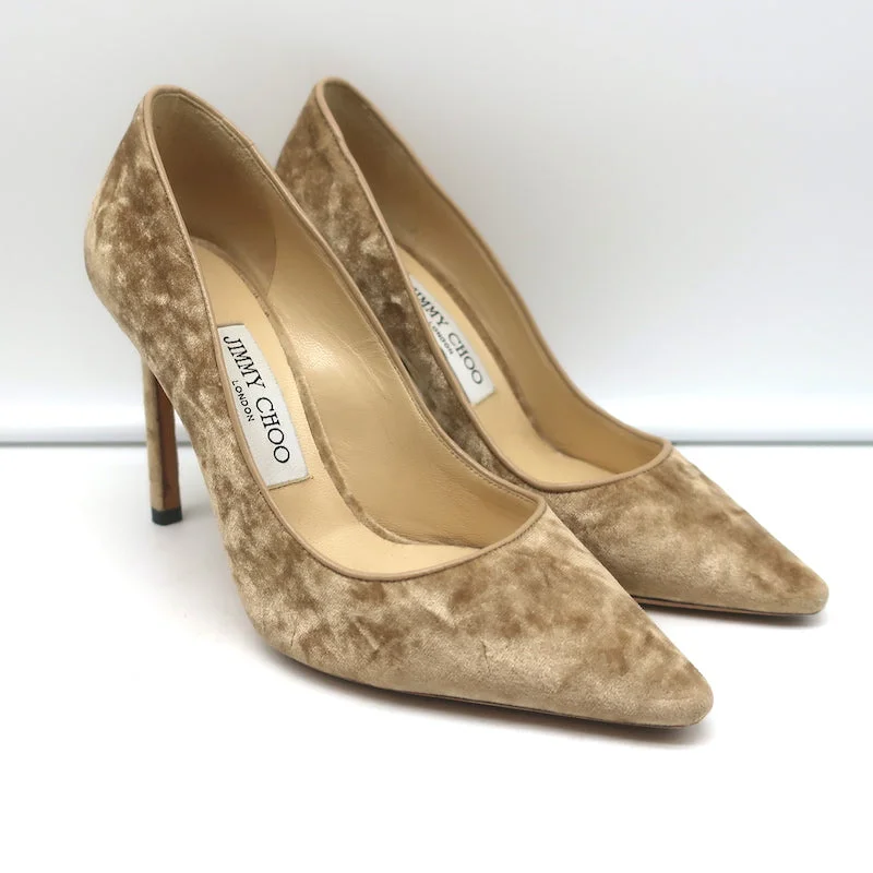 Stiletto Heel Pumps with Perfect Fit--Jimmy Choo Romy 100 Crushed Velvet Pumps Nude Size 36 Pointed Toe Heels-Fashionable & Classic