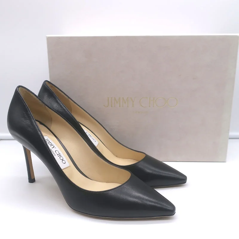 Stiletto Heel Pumps with Perfect Fit--Jimmy Choo Romy 85 Pumps Black Kid Leather Size 38.5 Pointed Toe Heels-Fashionable & Classic