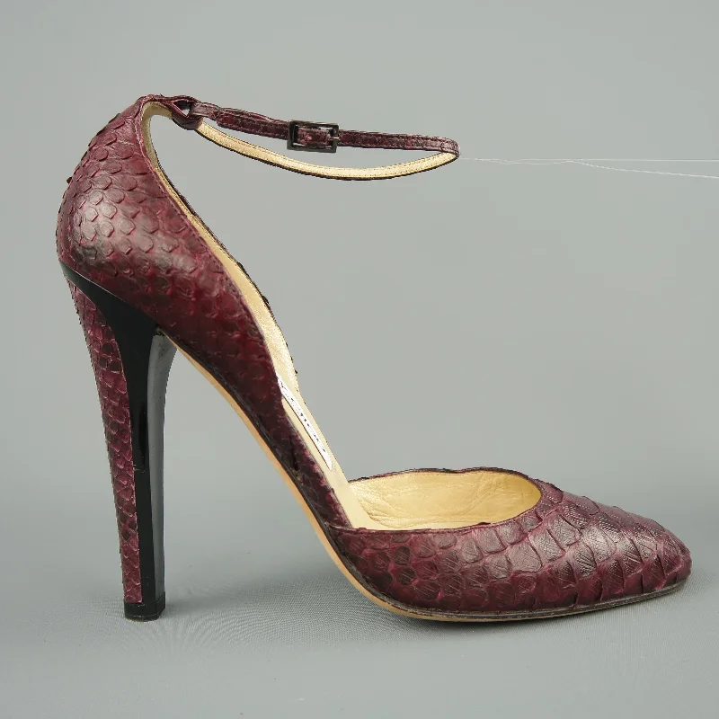 Stylish Ankle Strap Heels for Women--JIMMY CHOO Size 10 Plum Snake Skin Ankle Strap Pumps