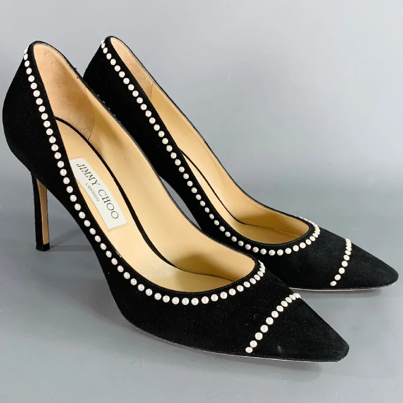 Affordable Suede Ankle Pumps for All-Day Wear--JIMMY CHOO Size 11 Black Cream Suede Faux Pearl Studded Heels Pumps