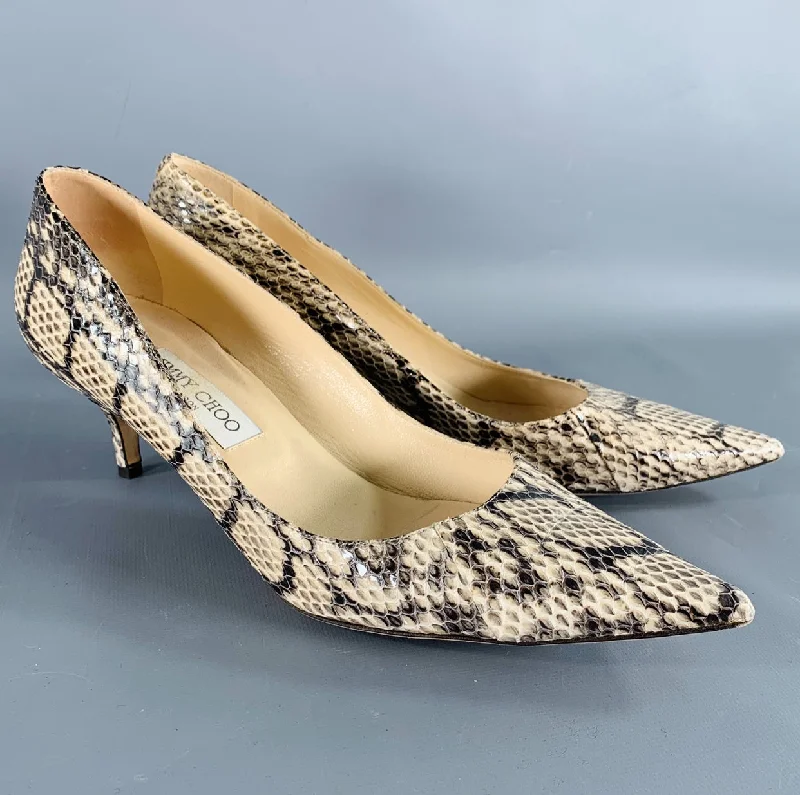 JIMMY CHOO Size 11 Grey Cream Python Skin Kitten Heel Pumps---Fashionable Kitten Heels for Date Night