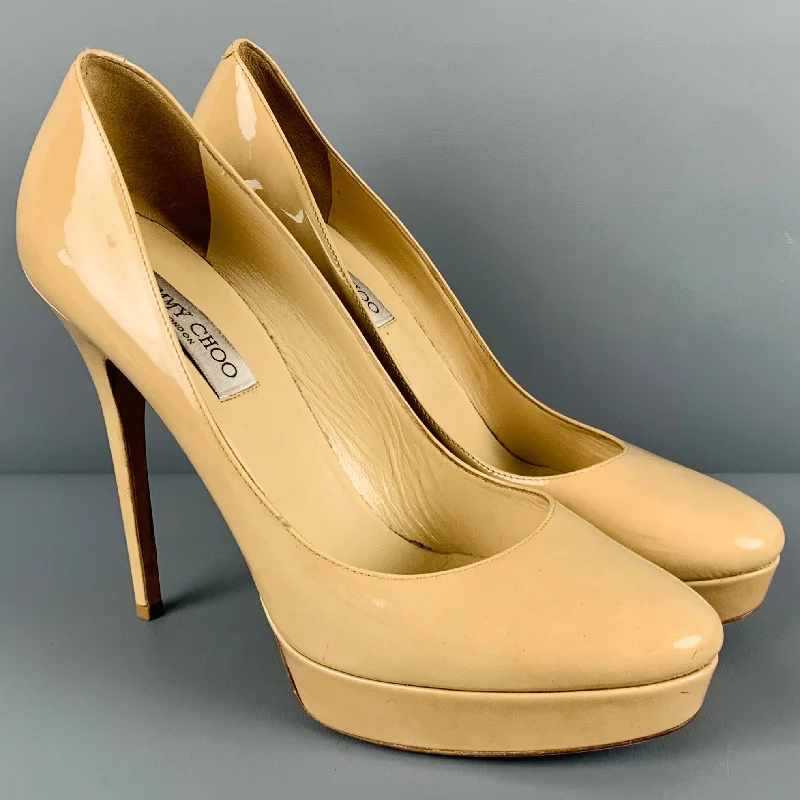 Sleek and Shiny Patent Pump Heels for a Polished Look--JIMMY CHOO Size 12 Beige Patent Leather Platform Pumps