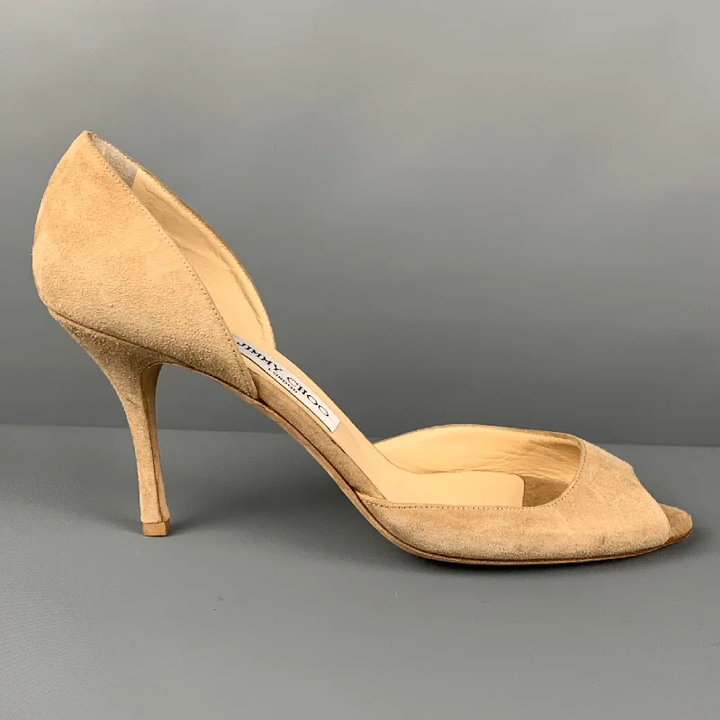 Affordable Suede Ankle Pumps for All-Day Wear--JIMMY CHOO Size 13 Taupe Suede Open Toe Pumps