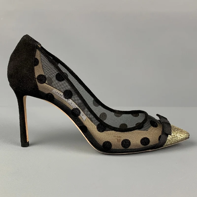 Versatile Heeled Sandals for Any Occasion---JIMMY CHOO Size 6.5 Black Gold Mesh Polka Dot Pumps