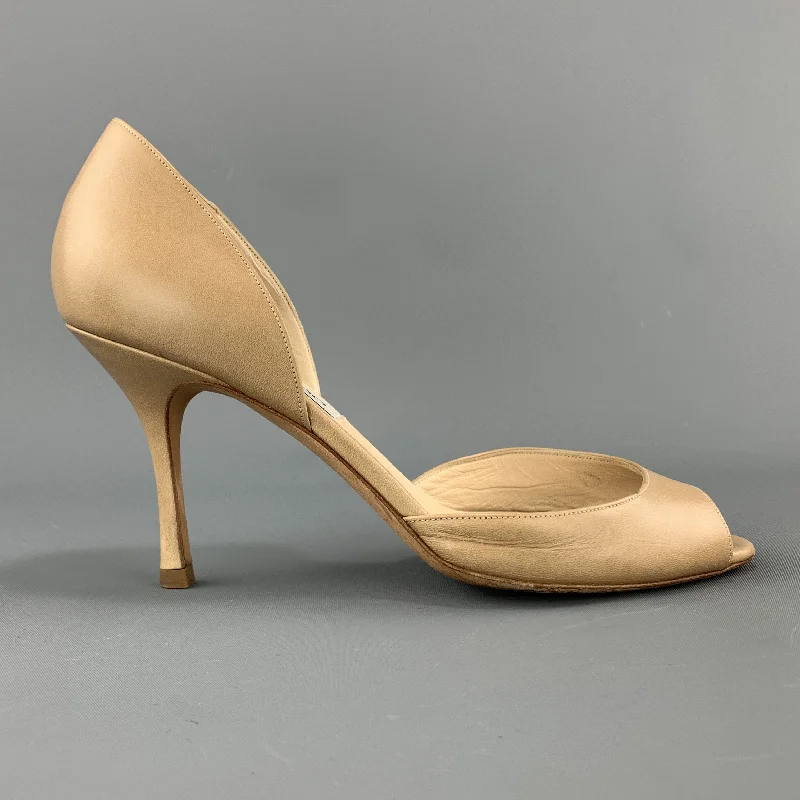 Trendy Peep Toe Platform Heels Crafted from Genuine Leather--JIMMY CHOO Size 7.5 Beige Leather D'Orsay Peep Toe Pumps