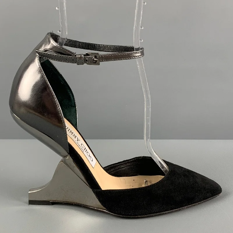 Stylish Ankle Strap Heels for Women--JIMMY CHOO Size 7.5 Black Silver Ankle Strap Pumps