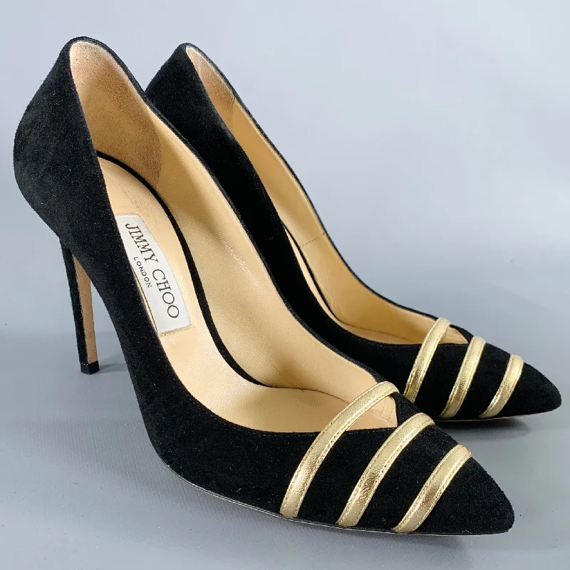 Affordable Suede Ankle Pumps for All-Day Wear--JIMMY CHOO Size 8.5 -Bethan 100- Black Gold Suede Stripe Pumps