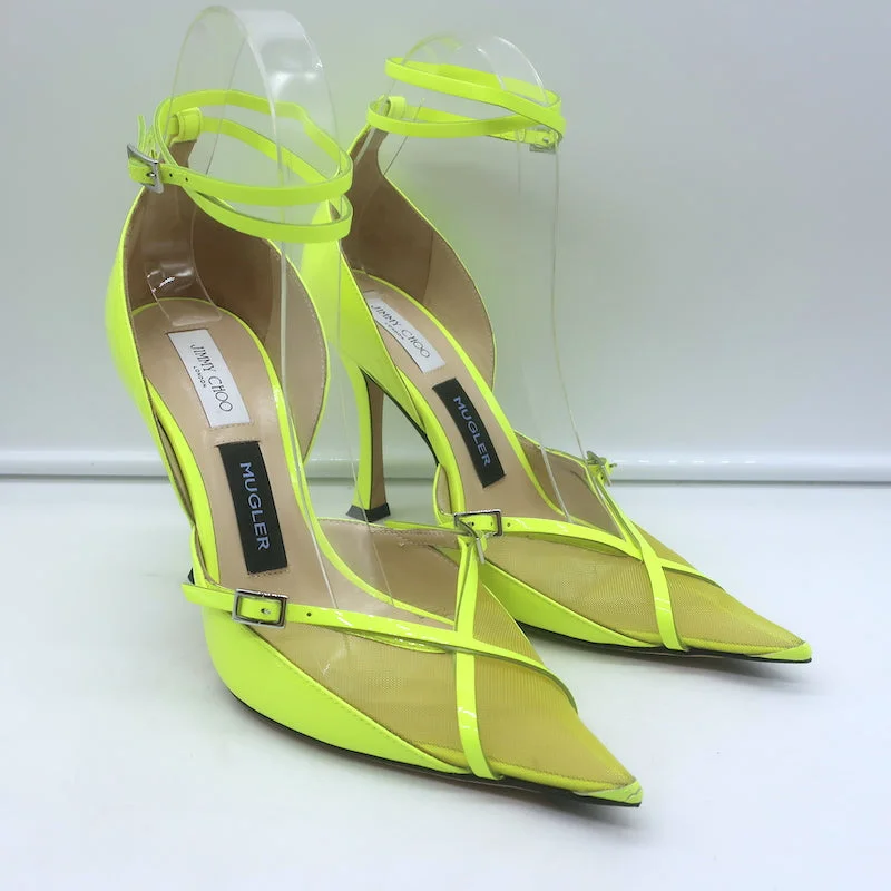 Sleek and Shiny Patent Pump Heels for a Polished Look--Jimmy Choo x Mugler Ankle Strap Pumps Neon Yellow Patent Leather Size 37.5