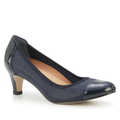 Sleek and Shiny Patent Pump Heels for a Polished Look--Joanna Pump: Navy Print Fabric and Patent Leather I Walking Cradle