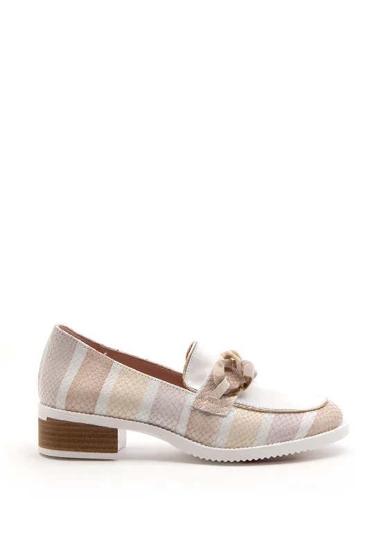 Trendy Chunky Heel Pumps for Casual Wear--Jose Saenz Leather Block Heeled Croc Print Loafer, Beige