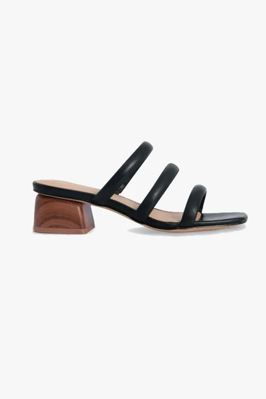 Juniper Black Square Toe Triple Strap Mid Heel Slide---Durable Square Toe Block Heels for Everyday Use