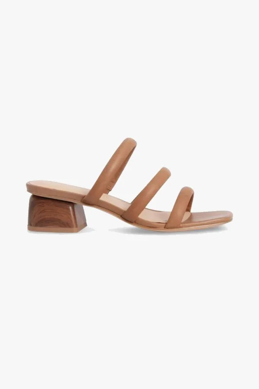 Juniper Tan Square Toe Triple Strap Mid Heel Slide---Durable Square Toe Block Heels for Everyday Use