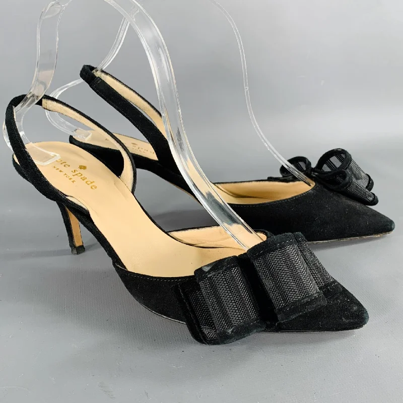 KATE SPADE Size 7 Black Suede Bow Slingback Kitten Heel Pumps---Fashionable Kitten Heels for Date Night