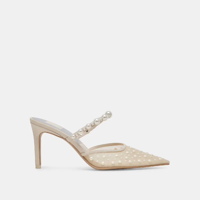 Stiletto Heel Pumps with Perfect Fit--KATIK PEARL WIDE HEELS IVORY MESH-Fashionable & Classic