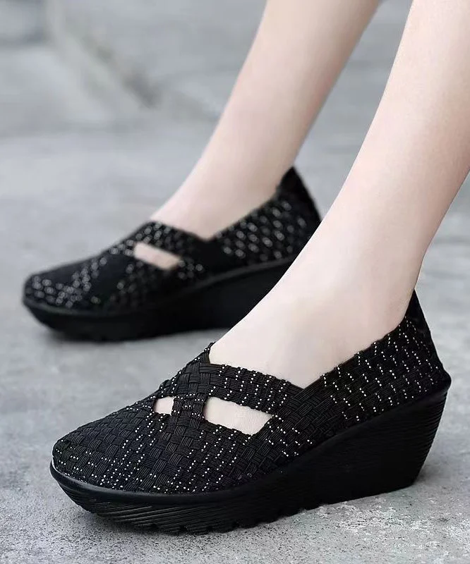 Versatile Heeled Sandals for Any Occasion---Knit Fabric Black Handmade Comfortable Splicing Wedge Heels